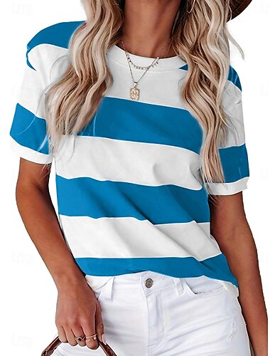  Mujer Camiseta Graphic A Rayas Vintage Elegante Casual Manga Corta Cuello Barco Tops regulares Diario Fin de semana Estampado Negro Azul Piscina Azul polvoriento Naranja Verde Trébol Verano Primavera