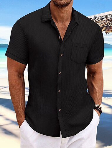  Homens Camisa Social camisa de verão Camisa casual camisa de praia camisa de botão Preto Azul Marinha Azul Verde Escuro Marron Manga Curta Tecido Lapela Férias Havaiana Jacquard Roupa Poliéster Moda