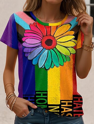  Défilé de fierté LGBT T-shirt Femme Graphique Floral Arc-en-ciel Vintage Élégant Classique À Manches Courtes Col Ronde Tops Normaux Impression Quotidienne Rose Rouge Bleu Arc-en-ciel Été Printemps