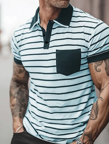  Herren Horizontale Streifen Polo Kurzarm Umlegekragen Alltagstauglich Athleisure Alltagstauglich Knöpfe Tasche Sommer Rubinrot Weiß