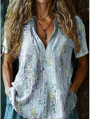  Damen Bluse Blumen Elegant Bohemien Vintage Kurzarm Einkerbiger Ausschnitt Normale Oberteile Täglich Ferien Ausgehen Schwarz Weiß Hellgrün Rote Leicht Blau Sommer Frühling