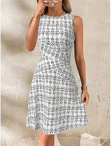  Damen Minikleid A Linie Kleid Figurbetontes Kleid Schulterfreies Kleid Urlaub Büro Normale Passform Karomuster Ärmellos Rundhalsausschnitt Schwarz Weiß Wein Marineblau Sommer