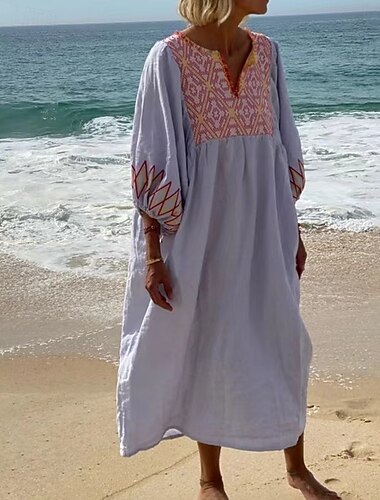  Dames Maxi-jurk Hemdjurk Casual Strand Normale pasvorm Bloemig 3/4 mouw V-hals Wit Geel blauw Groen Zomer