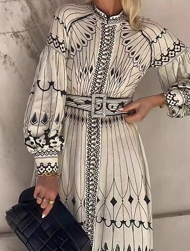  Per donna Abito Midi Abiti in cotone e lino Vestito Casual Moda All'aperto Feste Ferie Vestibilità regolare Geometrico Manica Corta Collo alla coreana Bianco Estate