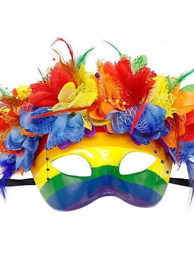 Theater-Regenbogenmaske mit Federn &Blumenkopfschmuck Fransen Festival Performance Requisite Pride Parade &Festivalkostüm-Accessoire