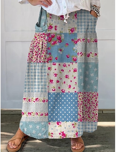  Femmes Jupe Trapèze Bohème ancien Occasionnel Maxi Taille haute Jupes Fleuri Avec Poches Imprimé Micro-Élastique Rue Quotidien bleu marine Bleu Bleu Ciel Marron Été Polyester Imitation Lin