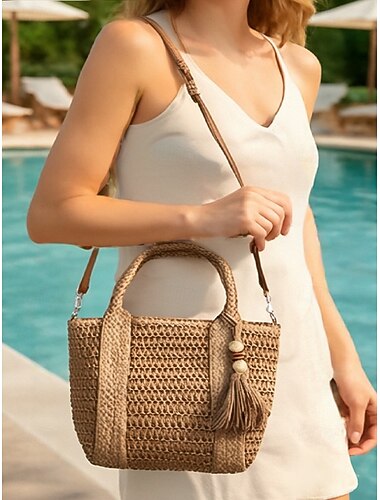  bolsa tote feminina de tecido boêmio com borlas e contas de madeira - vem com uma alça de ombro ajustável, pode ser usada em um ombro ou transversal, adequada para uso casual na praia, férias e ao ar livre
