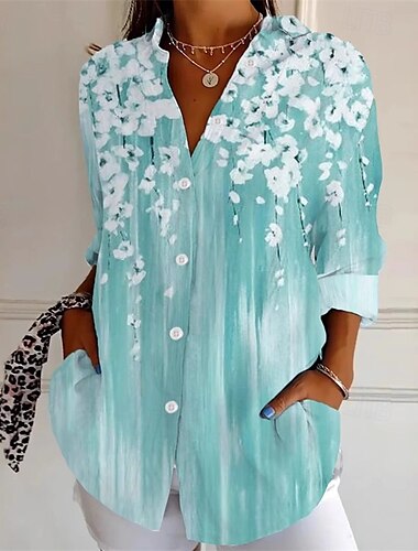  Dames Overhemd Zomer tops Bloem Dagelijks Stijlvol Casual Lange mouw Overhemdkraag Normale tops Werk Dagelijks Feestdagen Knop Blozend Roze blauw Licht Blauw Lente Herfst