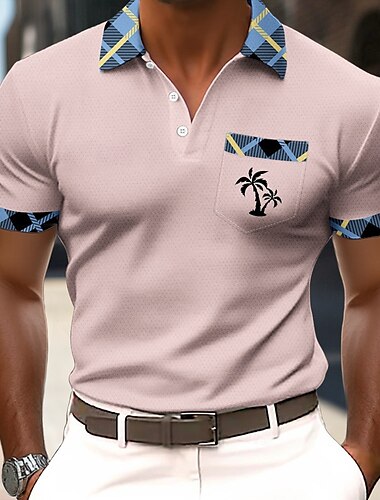  Men's Palm Tree Waffle Polo Shirts Short Sleeve Polo Shirts Collared Shirts Resort Business Athleisure Daily Wear Buttons Pocket 3D Print Summer Light Pink Yellow Blue