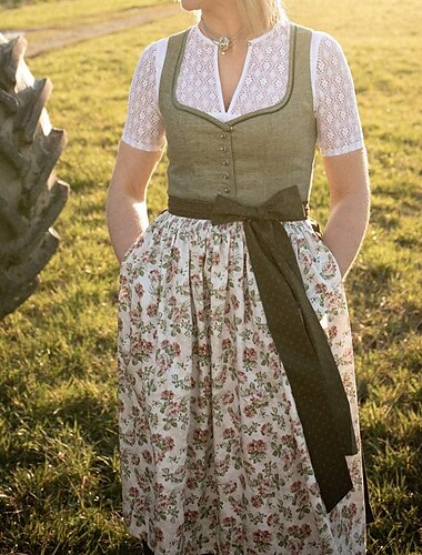  Oktoberfest Sukienka Dirndl Trachtenkleader Pokojówka bawarski Niemiecki Łąki Damskie Tkanina w stylu tradycyjnym Sukienka
