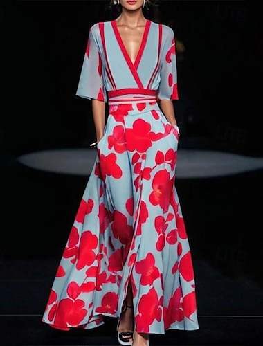  Femmes Robe Longue Maxi Robe Robe Fleurie Robe Imprimée Mode Moderne Extérieur Vacances Date Coupe régulière Fleur Demi Manches Col en V Blanche Rouge Été