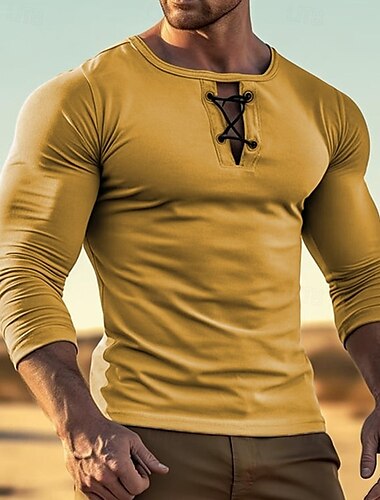  Herren T Shirt T-Shirt Langarmshirt Langarm Rundhalsausschnitt Sommer Frühling Einfach Mode Designer Basic Schnürung Urlaub Straße Ausgehen Schwarz Gelb Grün Top T-Shirt für Herren