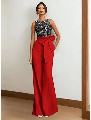  Overall / Hosenanzug Brautmutterkleid Formell Hochzeitsgast Elegant Einfach Minimalistisch Rundhalsausschnitt Bodenlang Spitze Stretchstoff Ärmellos mit Schärpe / Band 2025