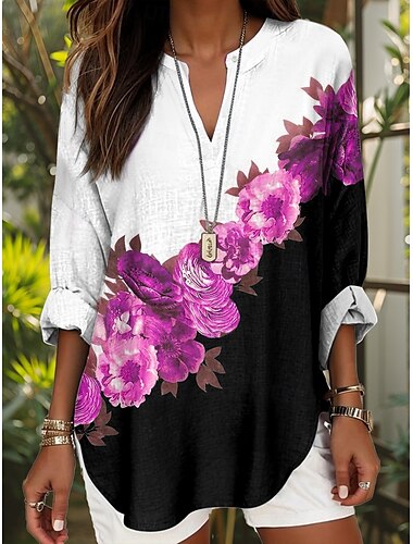  Damen Bluse Blumen Grafik Elegant Stilvoll Langarm V Ausschnitt Normale Oberteile Täglich Ferien Druck Gelb Rote Blau Purpur Sommer Frühling