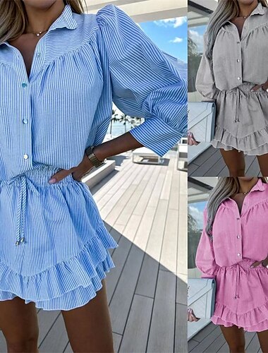  Damskie Moda Moda miejska Koszule bawełniane lniane Komplety lniane bawełniane Zestawy spodenek Długi rękaw Kołnierzyk koszuli Prążki Nadruk Dzienne zużycie Randka Rumiany róż Niebieski Szary Lato