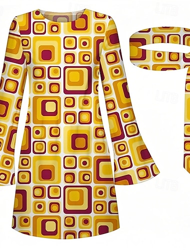  Retro Vintage 1970er Groovy Kleid Stirnband Hippie Disco Geometrisch Psychedelisch Damen Halloween Karneval Urlaub Musikfestival Festival Erwachsene Kleid Stirnband