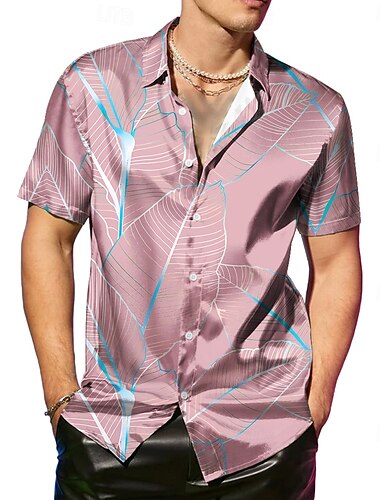  Herren Kokospalme Tropische Pflanzen Satinhemd Kleidhemd Knopfhemd Kurzarm Modisch lässig Urlaub Party-Abendmode Täglich Sommer Frühling Umlegekragen Hemden mit Kragen Knopf hoch 3D-Druck Rosa Blau