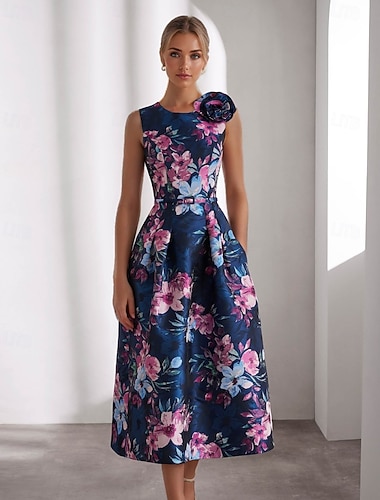  А-силуэт До щиколотки коктейльные платья Платья для вечеринок Элегантный стиль Без рукавов Вырез под горло Официальные Свадьба Карман Сатин с Цветочный рисунок Карман