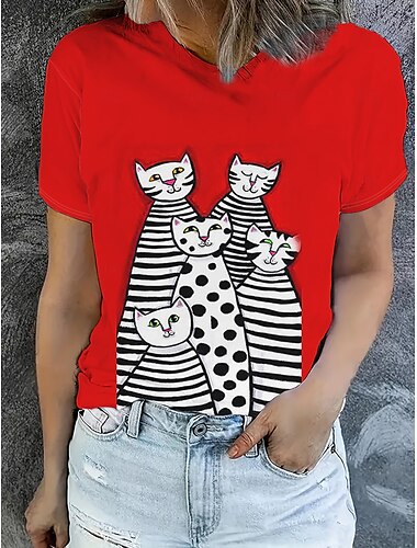  Mulheres Camiseta Tops de verão Gráfico Gato Clássico Casual Manga Curta Gola Redonda Tops curtos Diário Final de semana Imprimir Arco-íris Verão Primavera Outono