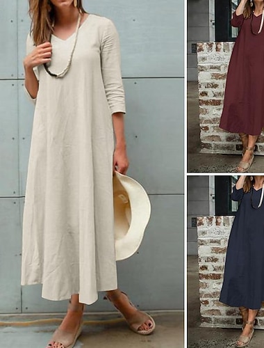  Damen Midikleid Kunstbaumwollleinen Shiftkleid Mode Klassisch Modern Täglich Outdoor Urlaub Normale Passform Einfach Dreiviertelarm V Ausschnitt Wein Marineblau Aprikose Sommer