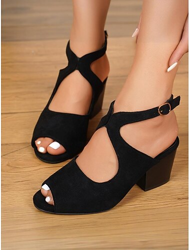  Zwarte suède sandalen met blokhak voor dames met uitsparingen - stijlvolle open teenschoenen met gespband voor casual dates en dagelijks gebruik