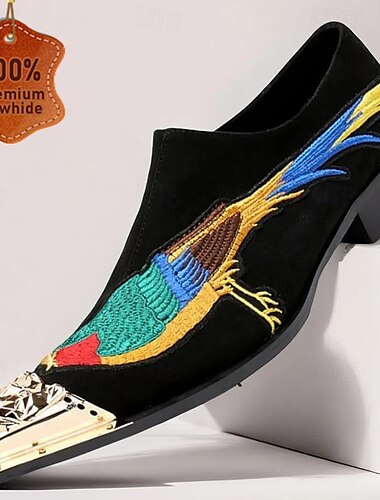  カラフルな鳥のデザインとメタルトゥが特徴のメンズ刺繍ベルベットローファー - パーティーや結婚式に最適な高級スリッポンフォーマルシューズ