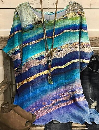  Dames Overhemd T-shirt Afdrukken Elegant Modieus Modern Korte mouw Strakke ronde hals Normale tops Dagelijks Weekend Marine Blauw blauw Paars Lichtgrijs Donkergrijs Zomer