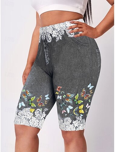  Damen Leggings Shorts 3D Druck Chinos Urlaub Lässig Strumpfhosen Kurz Hohe Taille Blumen Hoher Schnitt Komfort Atmungsaktiv Schnelltrocknend Dehnbar Outdoor Straße Alltag Wein Schwarz Rot Lila Sommer