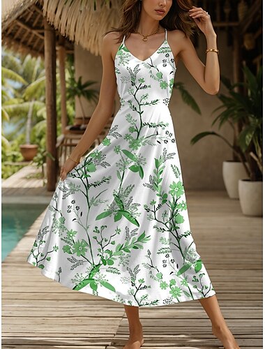  Damen Maxikleid A Linie Kleid Sommerkleid Unterkleid Elegant Urlaub Lässig Normale Passform Blumen Grafik Ärmellos V Ausschnitt Spaghettiträger Gelb Rote Blau Purpur Sommer Frühling