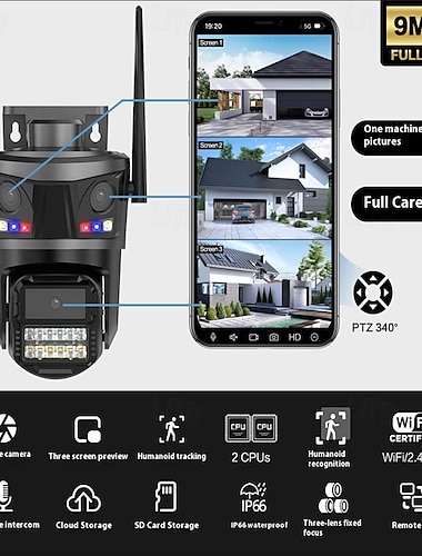  9MP wifi-beveiligingscamera met drie lenzen voor buiten – PTZ-bewakingscamera met automatische tracking, preview op 3 schermen, nachtzicht, IP66-waterdicht