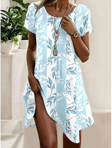  Femmes Robe Midi Robe Décontractée Robe T-Shirt Robe d'Été Robe trapèze Occasionnel Coupe régulière Graphique Feuille Manche Courte Col ras du cou Bleu clair Été Printemps