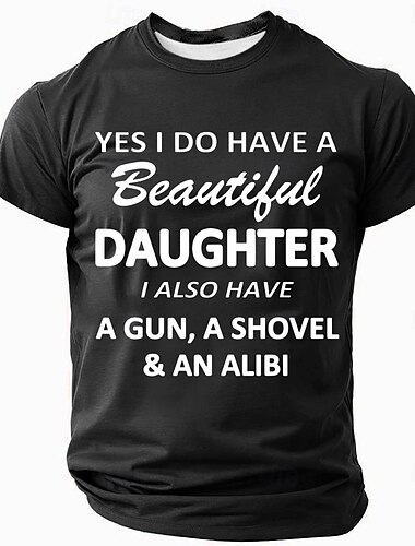  Camiseta de Pai Protetor Masculina - Engraçada 'Linda Filha Alibi de Arma e Pá' Gráfica Manga Curta