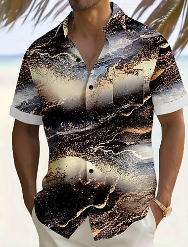  Men's Geometric Marble Abstract Liquid Art Shirt Summer Shirt Button Up Shirt Short Sleeve Fashion Casual Vacation Holiday Streetwear Summer Turndown 3D Print Front One Pocket Linen Like Shirt Black