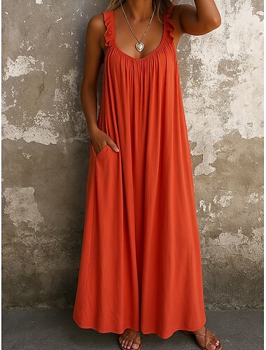  Damen Maxikleid Sommerkleid Unterkleid Lässig Täglich Normale Passform Einfach Ärmellos U-Ausschnitt Schwarz Gelb Rote Blau Sommer
