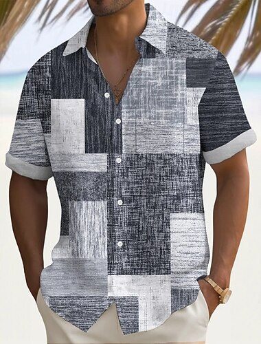  Herren Geometrisch Farbblock Patchwork Hemd Sommerhemd Knopfhemd Kurzarm Modisch lässig Urlaub Ferien Streetwear Sommer Umlegekragen 3D-Druck Eine Tasche vorne Leinenähnliches Hemd Blau Grün Grau