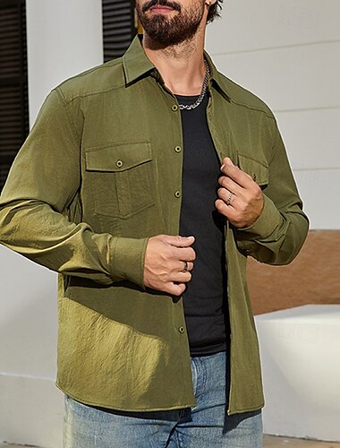  Herren Hemdjacke Winterjacken Einfach Urlaub Alltagskleidung Schwarz Khaki Armeegrün Langarm Revers Frühling Herbst Bekleidung Tasche