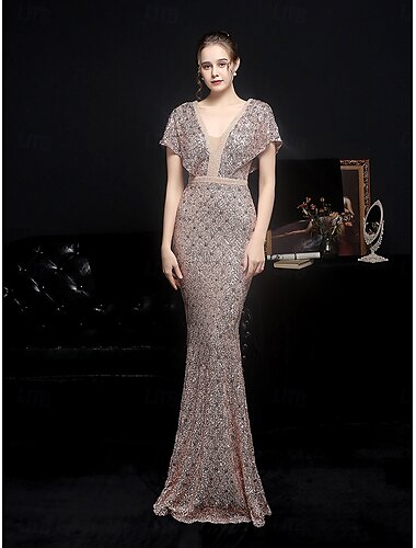  Meerjungfrauenschnitt Quinceanera-Kleider Elegant Kleid Formell Hochzeit Bodenlang Kurzarm V Ausschnitt Paillettenbesetzt mit Paillette 2025