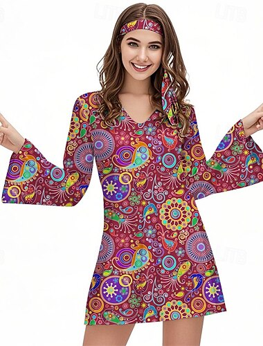  Retro Vintage Boho 1970er Kleid Stirnband Hippie Disco Blumen Damen Halloween Karneval Urlaub Musikfestival Festival Erwachsene Kleid Stirnband