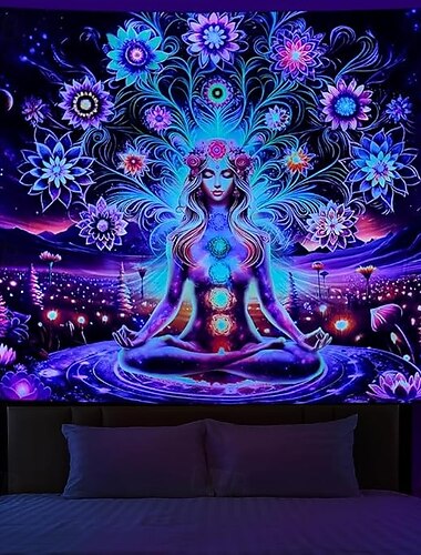  Svarte lysvev Gløde i mørket Glødepresentasjon UV reaktiv Boho Mandala Chakara Trippy Tåkete meditasjon Hengevev Veggkunst Tapet til stue Soverom