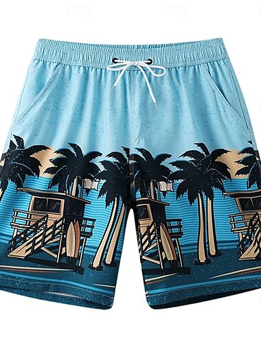 Herren Shorts Strandshorts Tasche Kordelzug Druck Grafik Blatt Baum Atmungsaktiv Schnelltrocknend Knielang Outdoor Urlaub Heim Urlaub Ethno-Stil Meerblau Dunkelblau / Rot Mikroelastisch