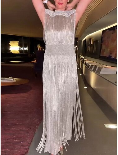  Ensemble de robes femme Robe maxi Couleur unie Robe d'été Fête Cocktail Uni Volant Sequins Sans manches Col rond Formelle Fête Argent Rose Rouge Été Ajustement régulier