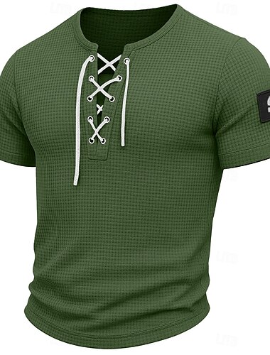 Herren Waffelstrick T-Shirt T-Shirt Kurzarm Rundhalsausschnitt Sommer Ganzjahres Einfarbig Farbblock Mode Designer Trendy Kordelzug Outdoor Lässig Täglich Schwarz Blau Rot Top T-Shirt für Herren
