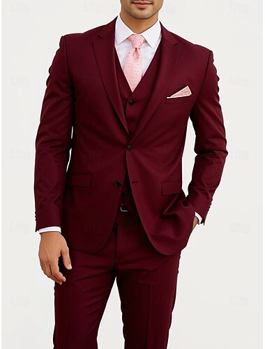  Heren Trouwpakken Zakelijk Thuisgekomen Bordeaux Marineblauw Mode Formeel Effen Gekleed Standaard Fit 3 Delig Enkel Gevoegd Twee Knoppen