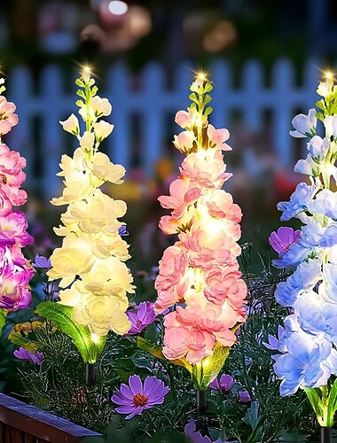  2 luces solares para jardín exterior con flores simuladas, IP65, impermeables, LED solares para césped, para patio, camino, decoración de ambiente festivo al aire libre.