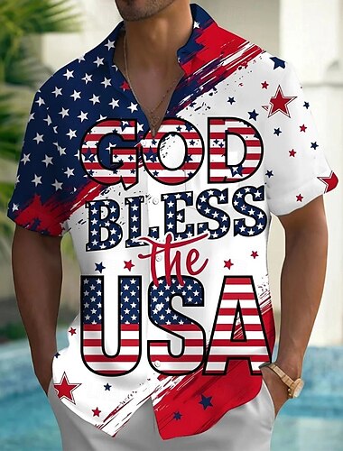  Jour de l'Indépendance Homme Drapeau Américain Patriotique DIEU Chemise Chemise d'été Chemise Boutonnée Manche Courte Mode Décontractée Fête Été Printemps Col Rabattu Impression 3D chemises à col Une