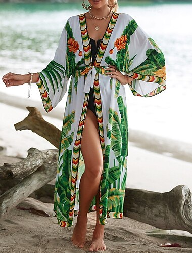  Femmes Maillots de Bain Vêtement couvrant Maillot de bain Nœud devant Tropical Tenues de plage Fleur Col en V manche longue Maillots de bain