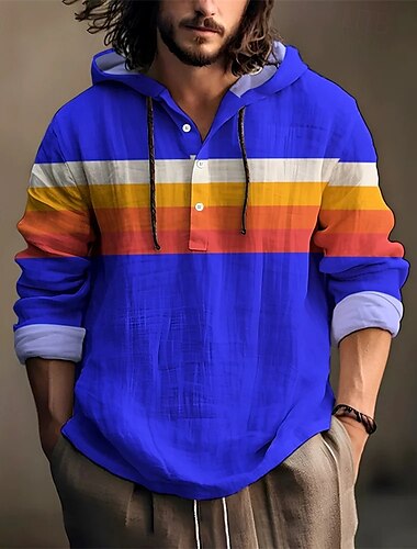  Herren Hemd Popover-Hemd Sommerhemd Freizeithemd Strandhemd Rosa Rote Blau Himmelblau Orange Langarm Streifen Mit Kapuze Urlaub Hawaiianisch Knöpfe Bekleidung Polyester Mode Lässig Bequem