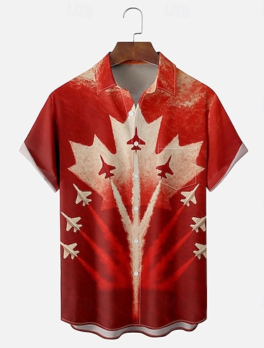  Kanada-Tag Herren Ahornblatt Flugzeug Hemd Sommerhemd Knopfhemd Kurzarm Modisch lässig Ferien Sommer Frühling Umlegekragen 3D-Druck Hemden mit Kragen Eine Tasche vorne Rote