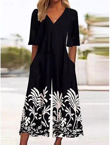  Dames Normaal Jumpsuit Actief Bloemig 3/4 mouw Breed Been V-hals Hoge taille Vakantie Dagelijks Normale pasvorm Zwart Rood blauw Zomer