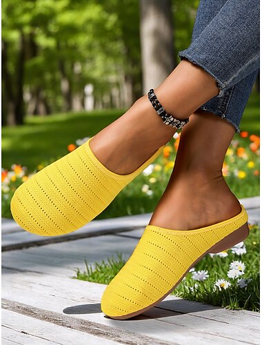  Gelbe Slip-On-Strick-Komfortpantoletten für Damen – atmungsaktive, weite Sommer-Flats, leichte, weiche Sohle, ideal für Spaziergänge im Garten, zum Entspannen im Haus und für gelegentliche Besorgungen